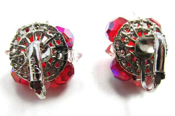 Coro 1960s Vintage Mid-Century Red Crystal Bead Button Earrings - Back