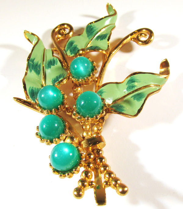 Vintage 1950s Coro Green Moonstone Rhinestone and Gold Floral Pin - Front