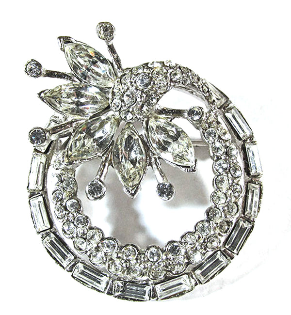 Vintage 1950s Extraordinary Clear Rhinestone Floral Circle Pin - Front