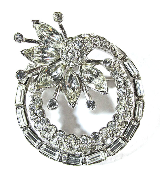 Vintage 1950s Extraordinary Clear Rhinestone Floral Circle Pin - Front