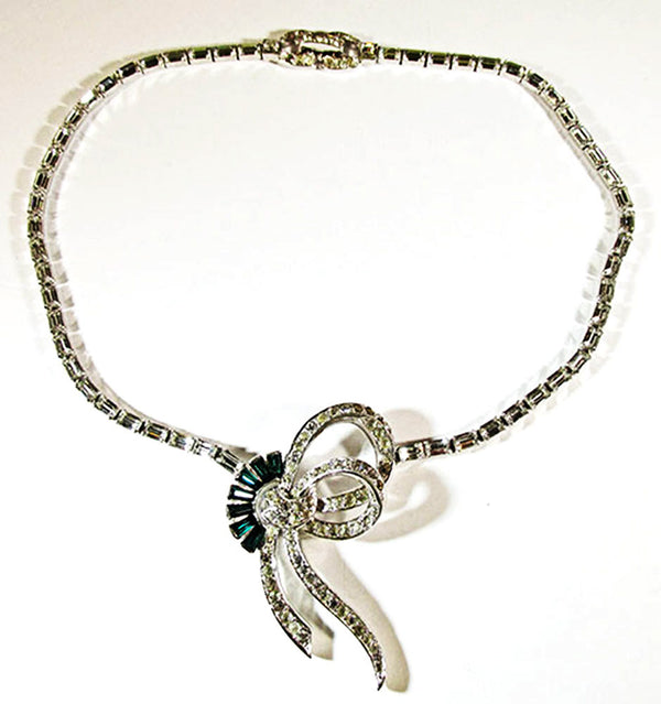 Mazer Bros. Vintage 1950s Clear and Emerald Rhinestone Ribbon Necklace - Front