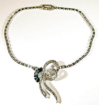 Mazer Bros. Vintage 1950s Clear and Emerald Rhinestone Ribbon Necklace - Front - Thumbnail