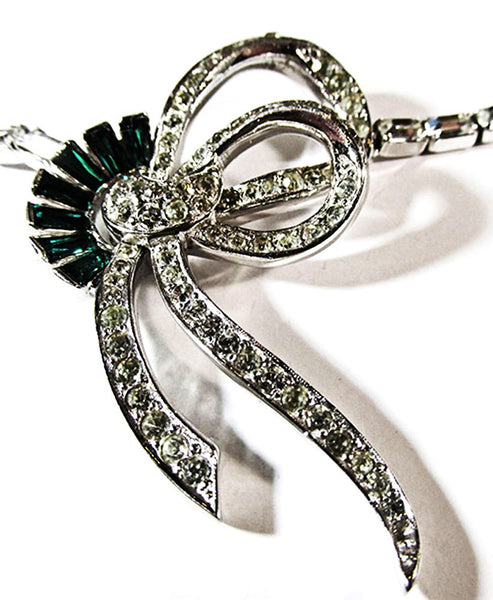 Mazer Bros. Vintage 1950s Clear and Emerald Rhinestone Ribbon Necklace - Close Up