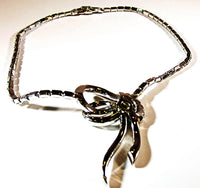 Mazer Bros. Vintage 1950s Clear and Emerald Rhinestone Ribbon Necklace - Back - Thumbnail