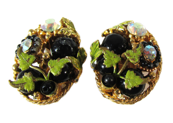 Vintage 1950s Onyx and AB Rhinestone and Enamel Clip-on Earrings -  Front