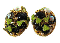 Vintage 1950s Onyx and AB Rhinestone and Enamel Clip-on Earrings -  Front - Thumbnail