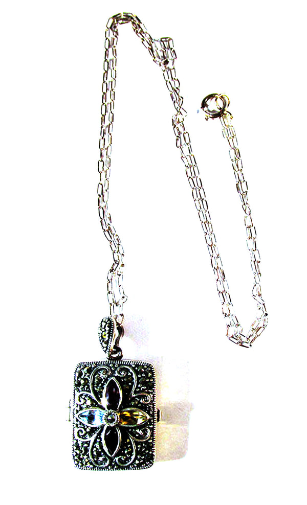 Vintage 1990s Contemporary Style Gemstone and Sterling Locket - Front