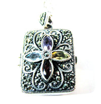 Vintage 1990s Contemporary Style Gemstone and Sterling Locket - Close Up - Thumbnail