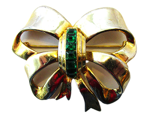 Vintage 1950s Gorgeous Emerald-Green Rhinestone Ribbon Bow Pin - Front