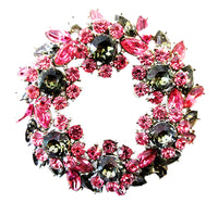 Crown Trifari 1950s Pink and Black Diamond Rhinestone Floral Pin - Front - Thumbnail