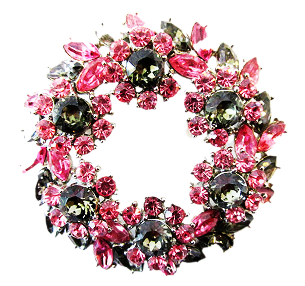 Crown Trifari 1950s Pink and Black Diamond Rhinestone Floral Pin - Front