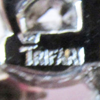 Crown Trifari 1950s Pink and Black Diamond Rhinestone Floral Pin - Signature - Thumbnail