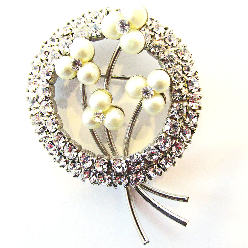 1950s Vintage Three-Dimensional Diamante and Pearl Floral Pin - Front