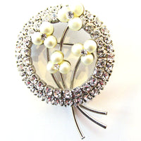 1950s Vintage Three-Dimensional Diamante and Pearl Floral Pin - Front - Thumbnail