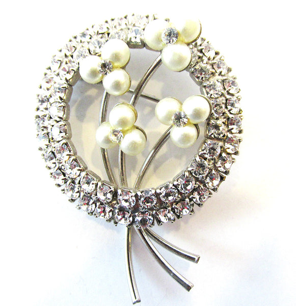 1950s Vintage Three-Dimensional Diamante and Pearl Floral Pin - Front