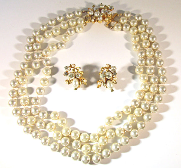 Vintage 1950s Pearl and Clear Rhinestone Necklace and Earrings Set - Front