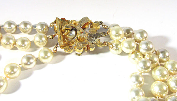 Vintage 1950s Pearl and Clear Rhinestone Necklace and Earrings Set - Closure Back