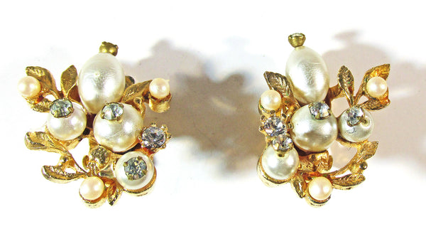 Vintage 1950s Pearl and Clear Rhinestone Necklace and Earrings Set - Earrings