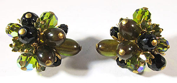 Vintage 1960 Green and Black Crystal and Olivine Bead Clip-On Earrings - Front