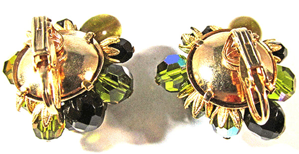Vintage 1960 Green and Black Crystal and Olivine Bead Clip-On Earrings - Back