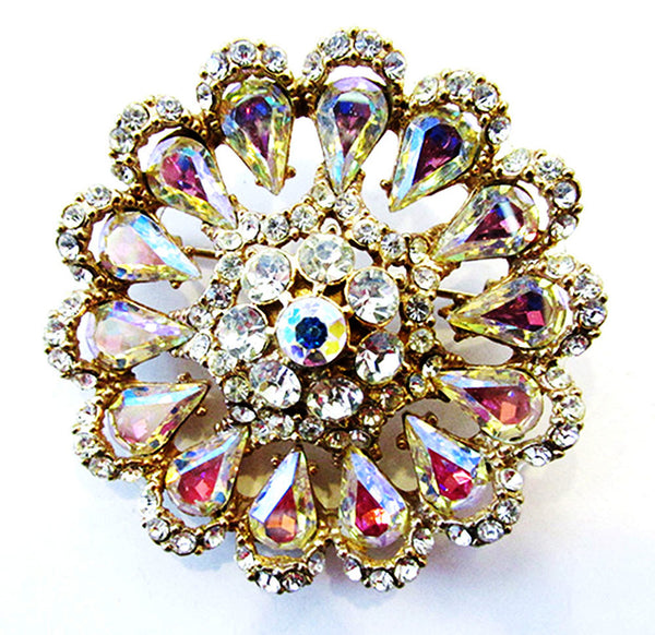 Vintage 1950s Aurora Borealis and Clear Rhinestone Gold Floral Pin - Front