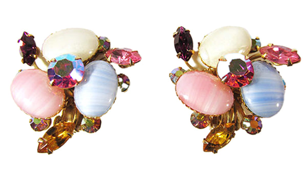 Beaujewels Vintage 1950s Multicolored Rhinestone Clip-On Earrings - Front