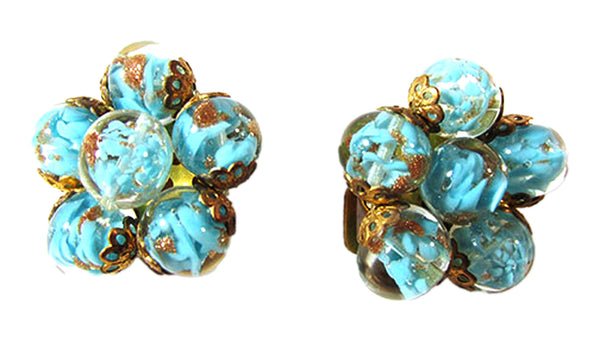 Vintage 1960s Italian Turquoise and Gold Murano Glass Earrings - Front