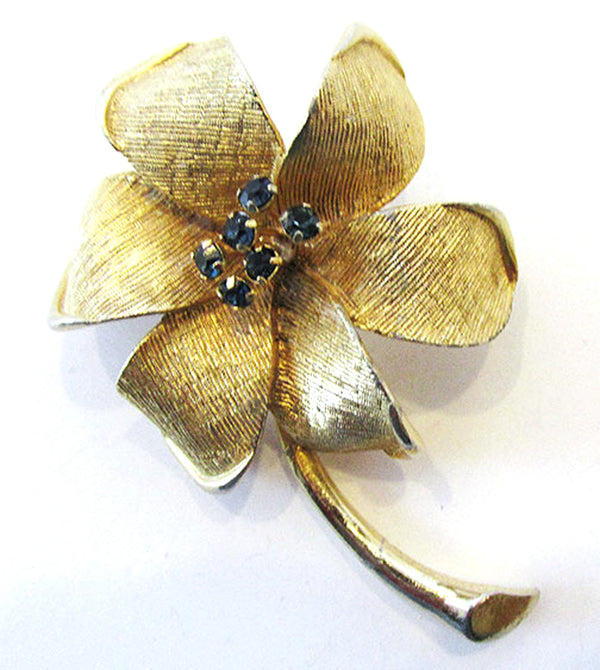 Benedikt NY Vintage 1950s Sapphire Rhinestone Gold Floral Pin - Front