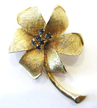 Benedikt NY Vintage 1950s Sapphire Rhinestone Gold Floral Pin - Front - Thumbnail