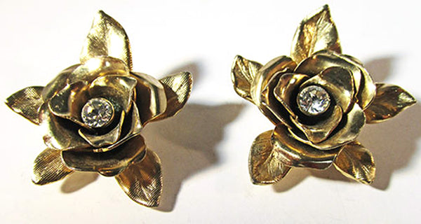 Coro Vintage 1950s Designer Clear Rhinestone Gold Rose Earrings - Front