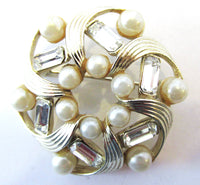 Vintage Lisner 1950s Designer Clear Rhinestone and Pearl Swirl Pin - Front - Thumbnail