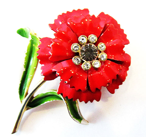 Crown Trifari Vintage 1960s Enameled Clear Rhinestone Carnation Pin - Front