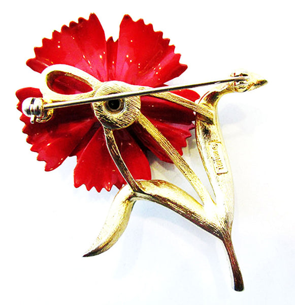 Crown Trifari Vintage 1960s Enameled Clear Rhinestone Carnation Pin - Back
