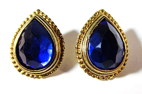 Vintage 1960s Sapphire-Blue Rhinestone Pierced Earrings - Front