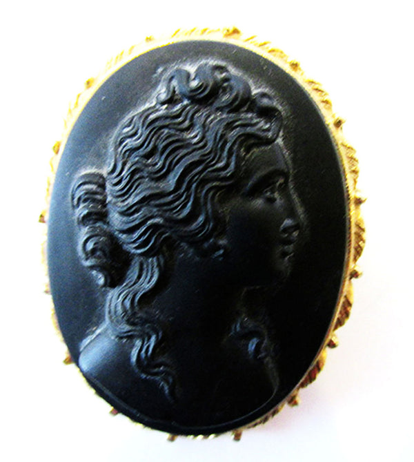 Dramatic Vintage 1950s Black Stone and Gold Cameo Pin - Front