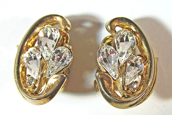 Crown Trifari Vintage 1950s Clear Rhinestone and Gold Floral Earrings - Front