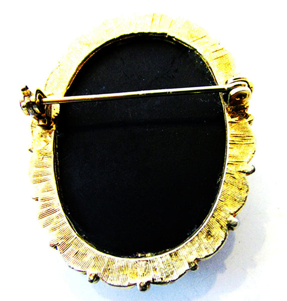 Dramatic Vintage 1950s Black Stone and Gold Cameo Pin - Back