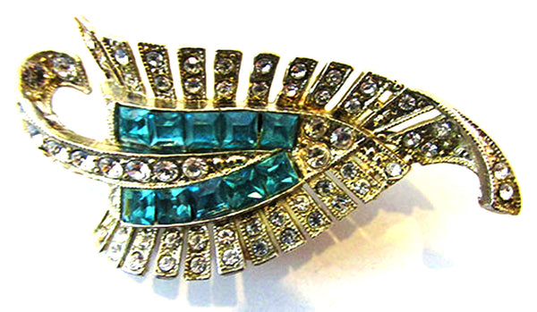 Vintage 1950s Clear and Aquamarine Rhinestone Silver Leaf Pin - Front