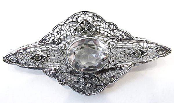 Incredible Antique 1910s Edwardian Clear Rhinestone Silver Pin - Front