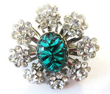 Vintage 1950s Emerald-Green Cabochon and Clear Rhinestone Floral Pin - Front