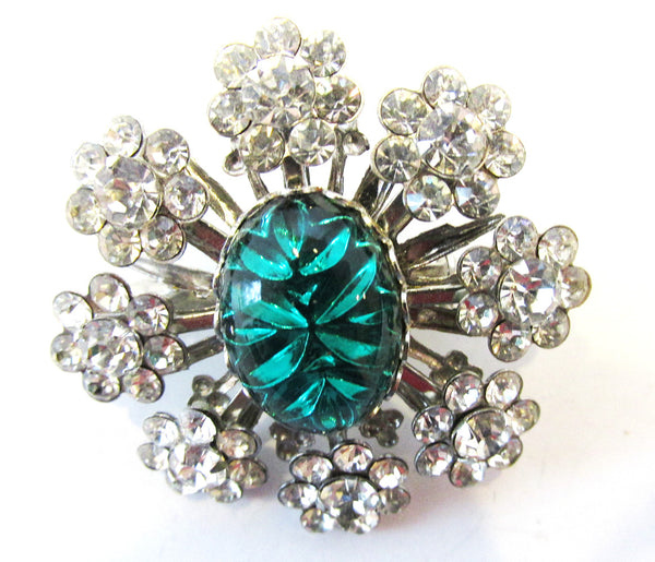 Vintage 1950s Emerald-Green Cabochon and Clear Rhinestone Floral Pin - Front