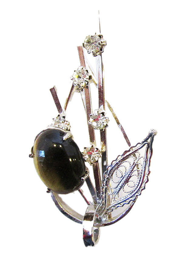 Vintage 1950s Tiger’s Eye Cabochon and Clear Rhinestone Pin - Front