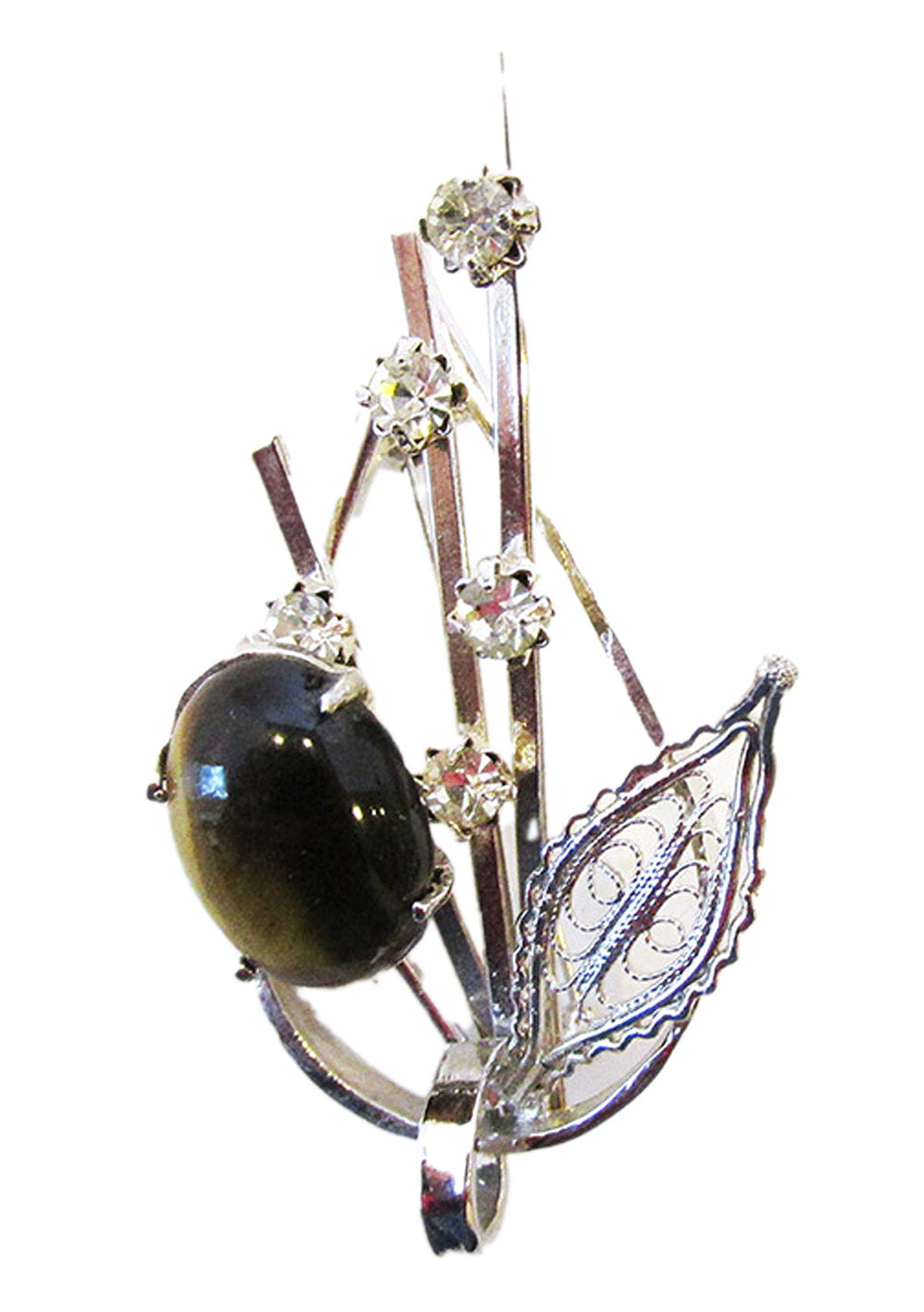 Vintage 1950s Tiger’s Eye Cabochon and Clear Rhinestone Pin