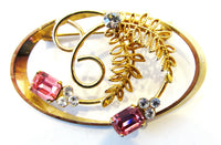 Vintage 1950s Pink and Clear Rhinestone Gold-Toned Oval Pin - Front - Thumbnail