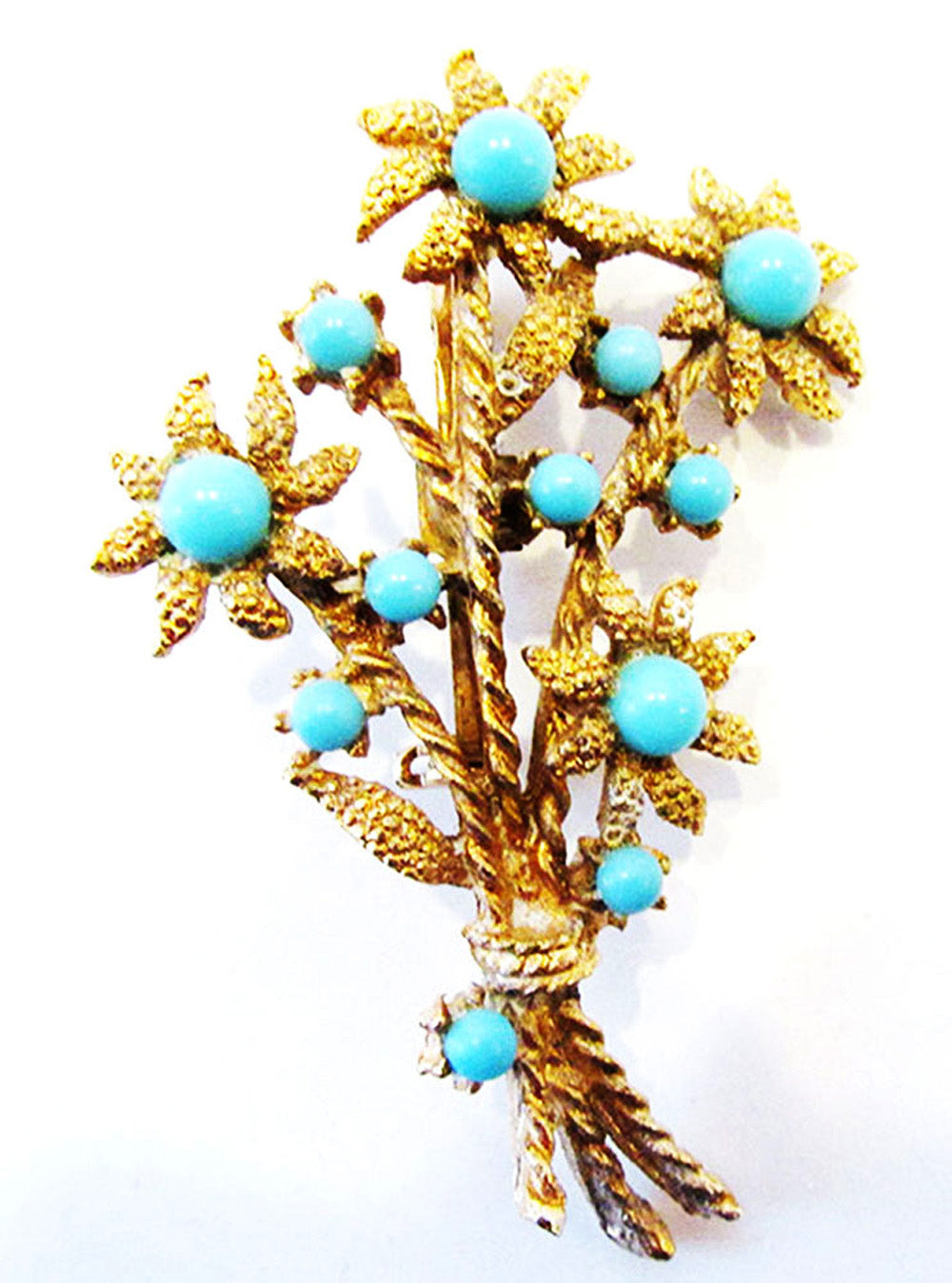 Vintage 1950s Turquoise Bead and Gold-Toned Floral Bouquet Pin - Front