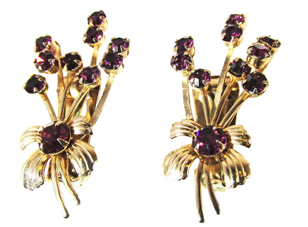 Vintage 1950s Amethyst Rhinestone and Gold-Toned Floral Earrings - Front