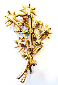 Vintage 1950s Turquoise Bead and Gold-Toned Floral Bouquet Pin - Back - Thumbnail