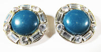 Vintage 1950s Teal Cabochon and Clear Rhinestone Clip-On Earrings - Front - Thumbnail