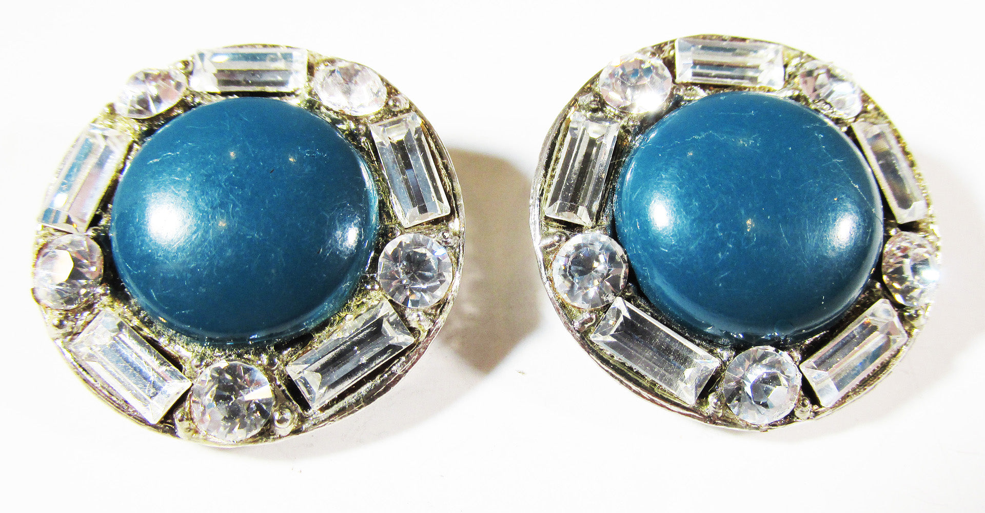 Vintage 1950s Teal Cabochon and Clear Rhinestone Clip-On Earrings - Front
