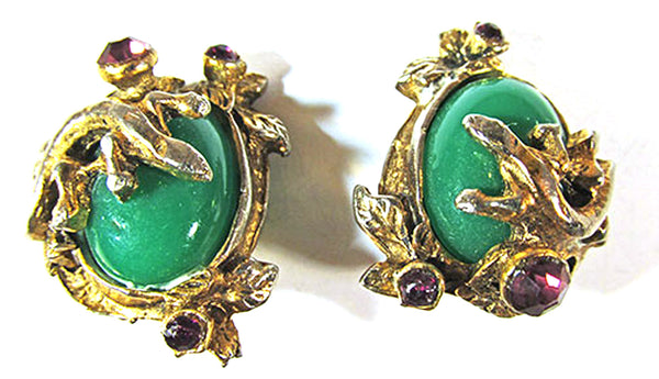 Vintage 1940s Art Nouveau Style Jade and Rhinestone Earrings - Front